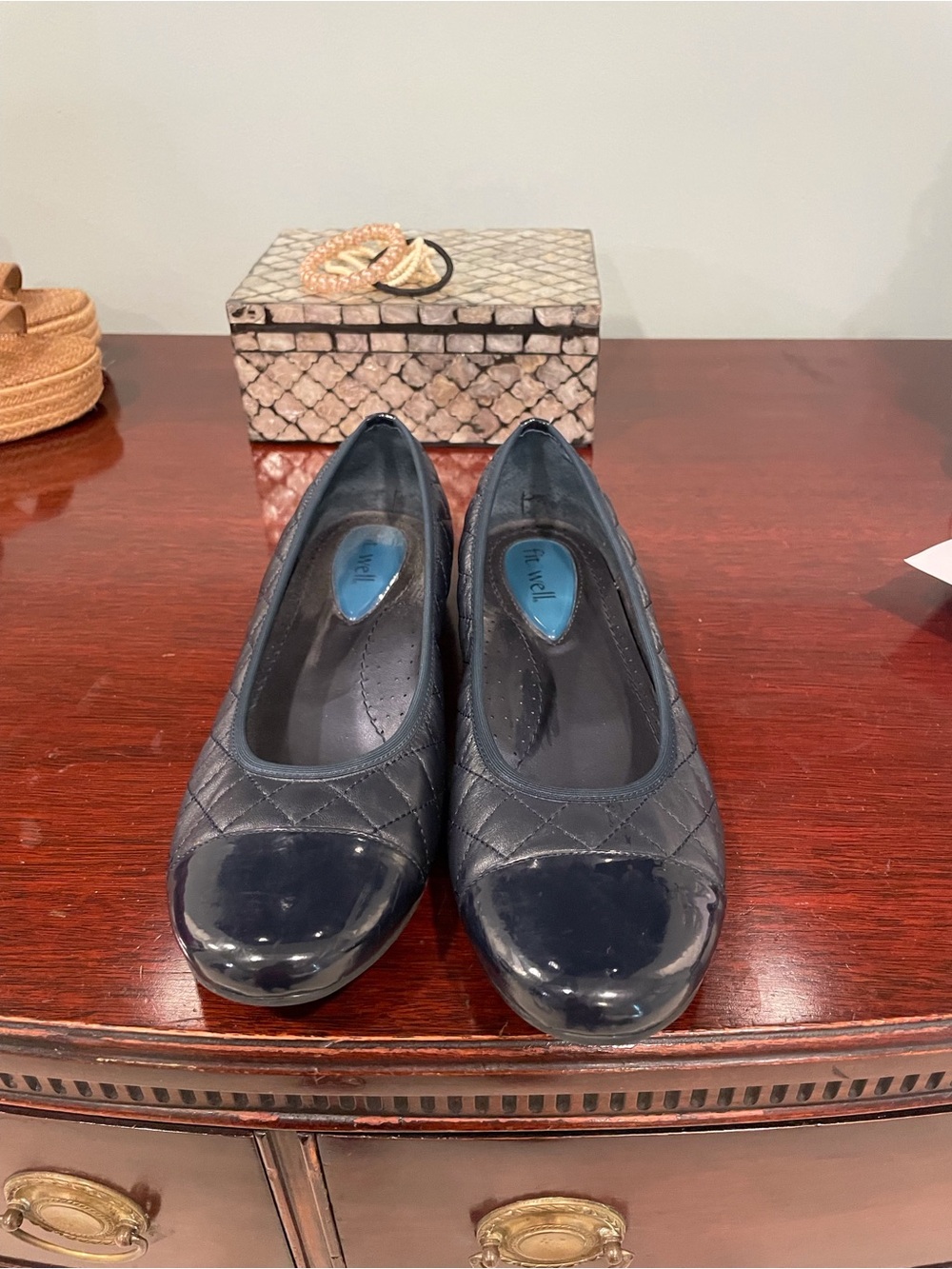 Women's Quilted Patent Toe Ballet Flats in Navy
